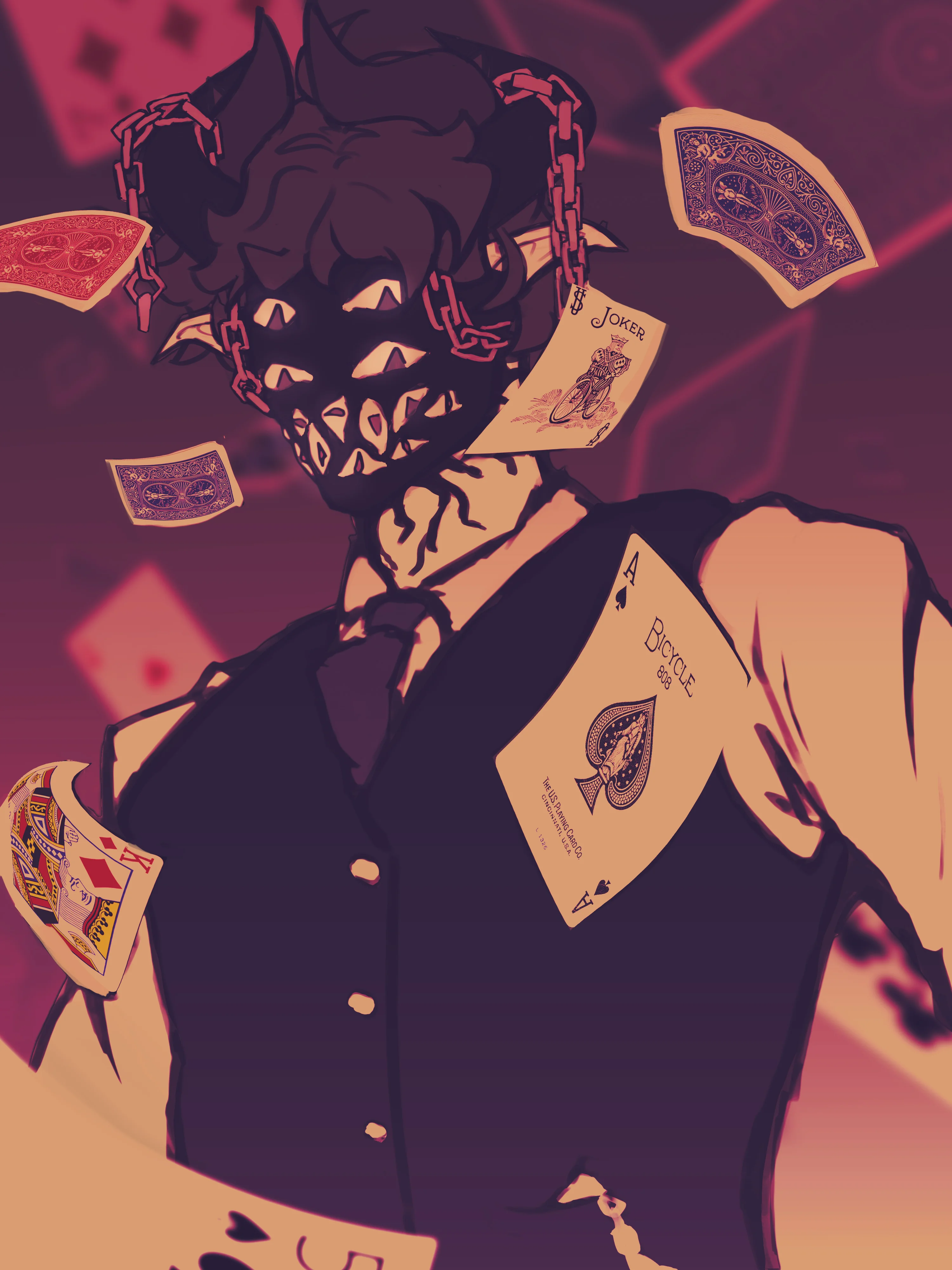 A badass anime-style character rocks a black mask with sharp teeth, wild hair, and a ripped black vest. They're surrounded by flying playing cards and chains, with a dark, moody background full of shadows and red vibes.